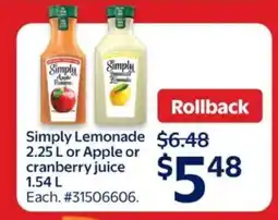 Walmart Simply Lemonade or Apple or Cranberry Juice offer