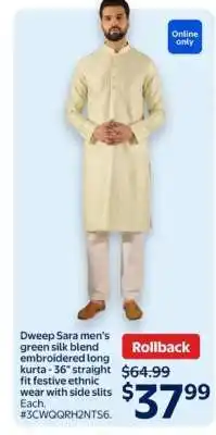 Walmart Dweep Sara men's green silk blend embroidered long kurta offer