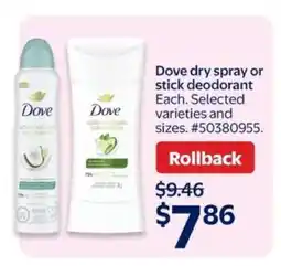 Walmart Dove dry spray or stick deodorant offer