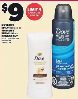 Loblaws Dove dry spray or women's premium deodorant offer