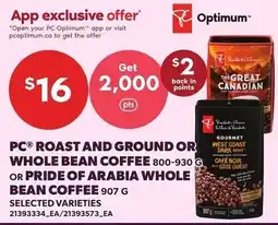 Loblaws PC roast and ground or whole bean coffee or pride of arabia whole bean coffee offer