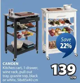 JYSK CAMDEN Kitchen cart, 1-drawer, wine rack, pull-out tray, granite top, black or white, 58x85x40 cm offer