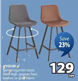 JYSK HYGUM Swivel counter stool, steel legs, cognac faux leather or grey fabric offer