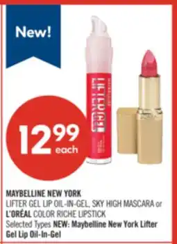 Shoppers Drug Mart MAYBELLINE NEW YORK LIFTER GEL LIP OIL-IN-GEL, SKY HIGH MASCARA or L'OREAL COLOR RICHE LIPSTICK offer