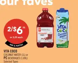 Shoppers Drug Mart VITA COCO COCONUT WATER (1L) or PC BEVERAGES (1.89L) offer