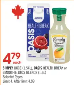 Shoppers Drug Mart SIMPLY JUICE (1,54L), OASIS HEALTH BREAK or SMOOTHIE JUICE BLENDS (1,6L) offer