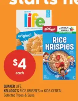 Shoppers Drug Mart QUAKER LIFE, KELLOGG'S RICE KRISPIES or KIDS CEREAL offer