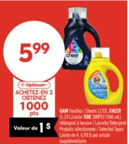 Pharmaprix GAIN Sheets (120), CHEER (1,24 L) or TIDE SIMPLY (946 mL) Laundry Detergent offer