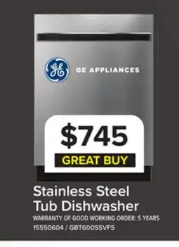 Leon's GE Stainless Steel Dishwasher with Clean Sensor (50 dBA) - GBT500SSVSS offer
