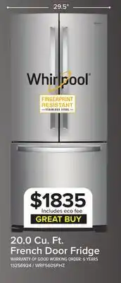 Leon's Whirlpool 29.5 20 Cu. Ft. Stainless Steel French Door Refrigerator offer