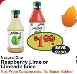 The Garden Basket Natural One Raspberry Lime or Limeade Juice offer
