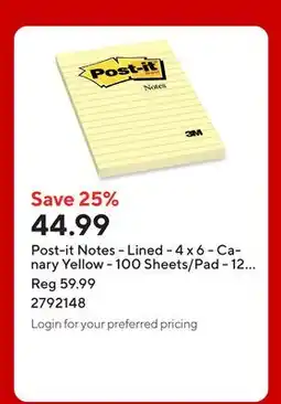 Staples Post-it Notes - Lined - 4 x 6 - Canary Yellow - 100 Sheets/Pad - 12 Pads/Pack offer