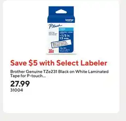 Staples Brother Genuine TZe231 Black on White Laminated Tape for P-touch Label Makers, 12 mm wide x 8 m long offer