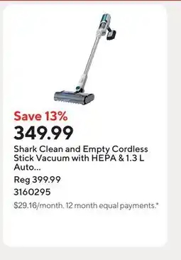 Staples Shark Clean and Empty Cordless Stick Vacuum with HEPA & 1.3 L Auto Empty System - White offer