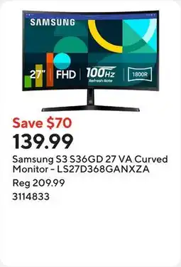 Staples Samsung S3 S36GD 27 VA Curved Monitor - LS27D368GANXZA offer