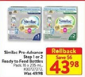 Walmart Similac pro-advance step 1 or 2 ready to feed bottles offer