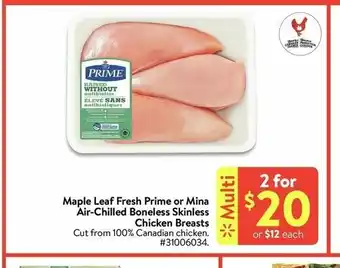 Walmart Maple Leaf Fresh Prime or Mina Air-Chilled Boneless Skinless Chicken Breasts offer