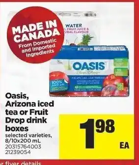 Real Canadian Superstore Oasis arizona iced tea or fruit drop drink boxes offer
