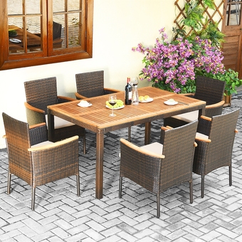 Best Buy Costway 7PCS Patio Rattan Dining Set Armrest Cushioned Chair Wooden Tabletop offer