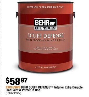 Home Depot BEHR SCUFF DEFENSE interior extra durable flat paint & primer in one offer