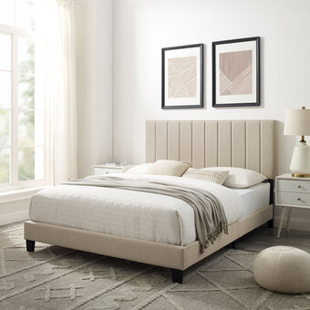 Best Buy Liore Transitional Upholstered Platform Bed - Queen - Beige offer