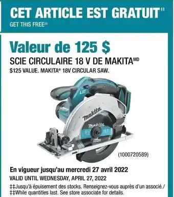 Home Depot Scie circulaire 18V De Makita offer