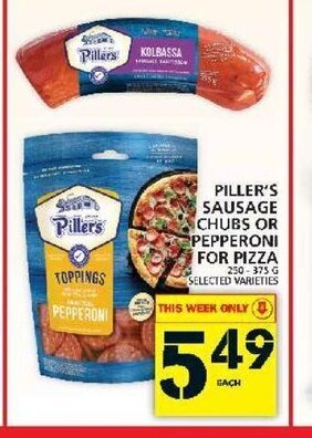 Food Basics Piller's sausage chubs or pepperoni for pizza offer