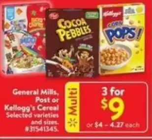 Walmart General mills, Post or kellogg's cereal offer