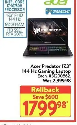 Walmart Acer predator 17.3 144 Hz gaming laptop offer