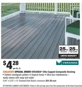 Home Depot Special Order Veranda Elite Capped Composite Decking offer