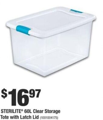 Home Depot STERILITE 60L clear storage tote with latch lid offer