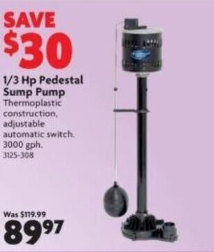 Home Hardware 1/3 hp pedestal sump pump offer