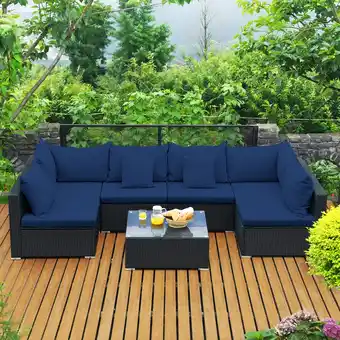 Best Buy Costway 7-Piece Rattan Patio Sofa Sectional Set / Conversation Set with Glass Coffee Table (7PCS) - Blue offer