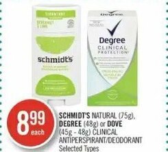 Shoppers Drug Mart Schmidt's natural, degree or dove clinical antiperspirant/deodorant offer