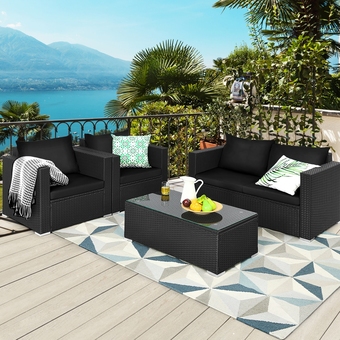 Best Buy Gymax 4PCS Rattan Patio Conversation Set Outdoor Furniture Set w/ Black Cushions offer