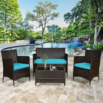 Best Buy Gymax 4PCS Patio Rattan Conversation Furniture Set Outdoor w/ Turquoise Cushion offer