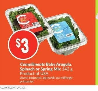 FreshCo Compliments Baby Arugula, Spinach or Spring Mix offer