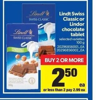 Real Canadian Superstore Lindt Swiss Classic or Lindor Chocolate Tablet offer