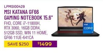 Canada Computers MSI Katana GF66 Gaming Notebook 15.6" offer