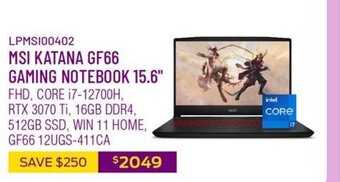 Canada Computers Msi Katana GF66 Gaming Notebook 15.6" offer