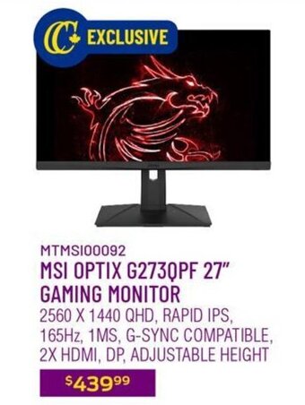 Canada Computers Msi optix G273QPF 27" gaming monitor offer