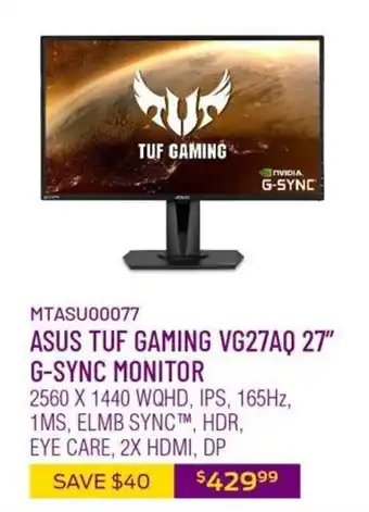 Canada Computers Asus tuf gaming Vg27AQ 27" g-sync monitor offer
