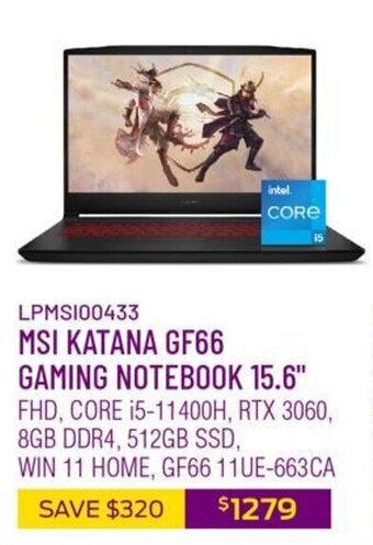 Canada Computers Msi katana GF66 gaming notebook 15.6" offer