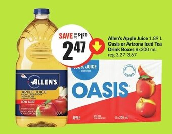 FreshCo Allen's Apple Juice Oasis or Arizona Iced Tea Drink Boxes offer