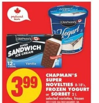 No Frills Chapman's Super Novelties Frozen Yogurt or Sorbet offer