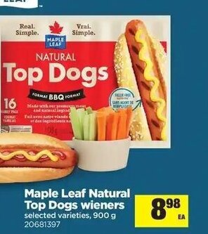 Real Canadian Superstore Maple Leaf Natural Top Dogs wieners offer