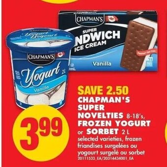 No Frills Chapman's Super Novelties Frozen Yogurt or Sorbet offer