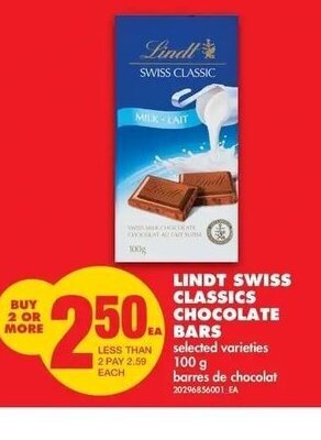 No Frills Lindt Swiss Classics Chocolate Bars offer