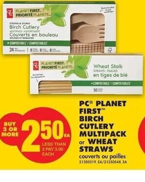 No Frills PC Planet First Birch Cutlery Multipack or Wheat Straws offer