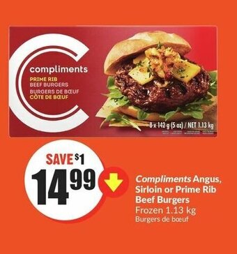 FreshCo Compliments Angus Sirloin or Prime Rib Beef Burgers offer